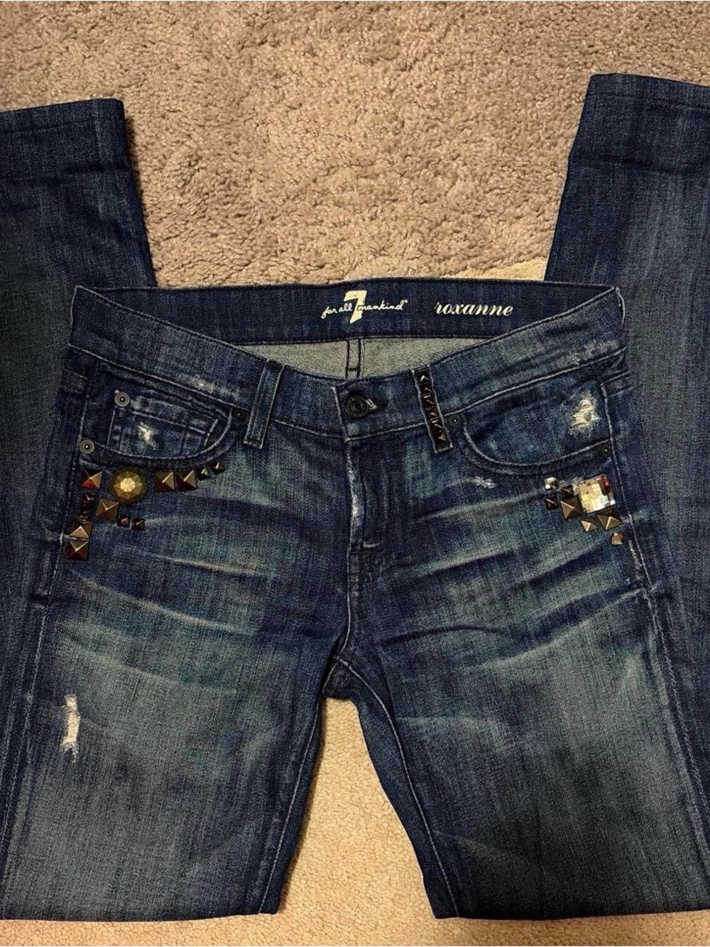 7 For All Mankind Dark Blue Roxanne Jeweled Skinny Jeans